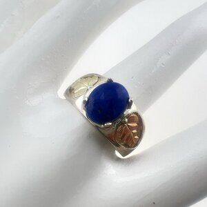 Black Hills Gold Ring Lapis 12K Sterling Silver Size 8 Blue Cabochon Leaf CCO